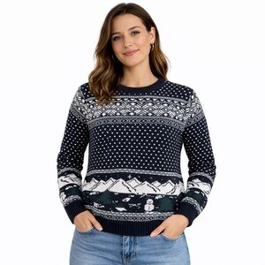 Vintage Christmas Winter Sweater Navy with Snowmen XL